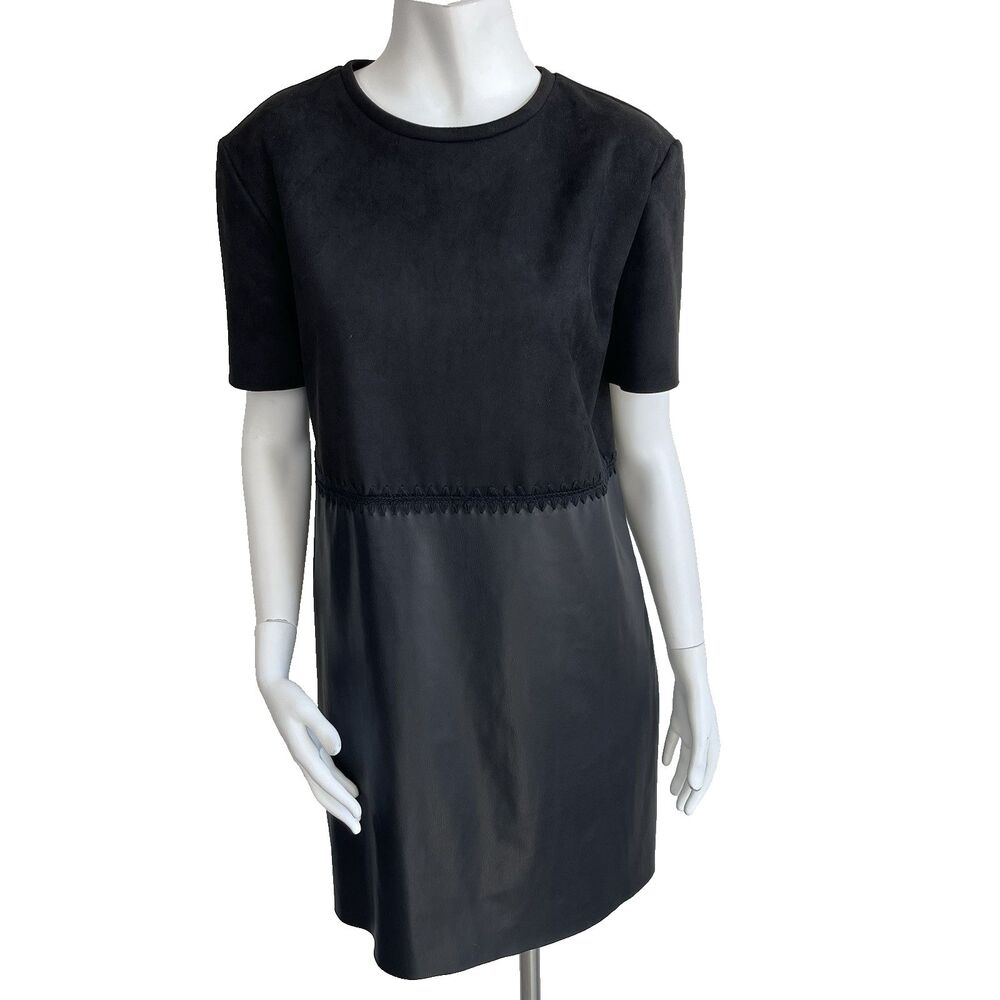 Zara Black Faux Leather Faux‎ Suede Sheath Mini Dress L Minimalist Grunge